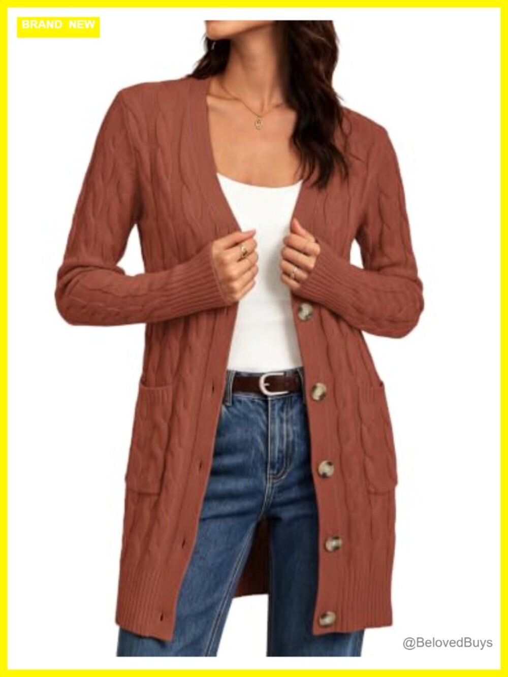Cable Knit Button Front Chunky Cardigan Loose Boyfriend Fit Long Sleeve V-Neck